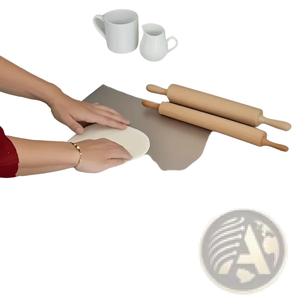 Rectangular stainless steel rolling pin mat 40cm by 30cm for use with stainless steel cutting board with lip and sealed lid