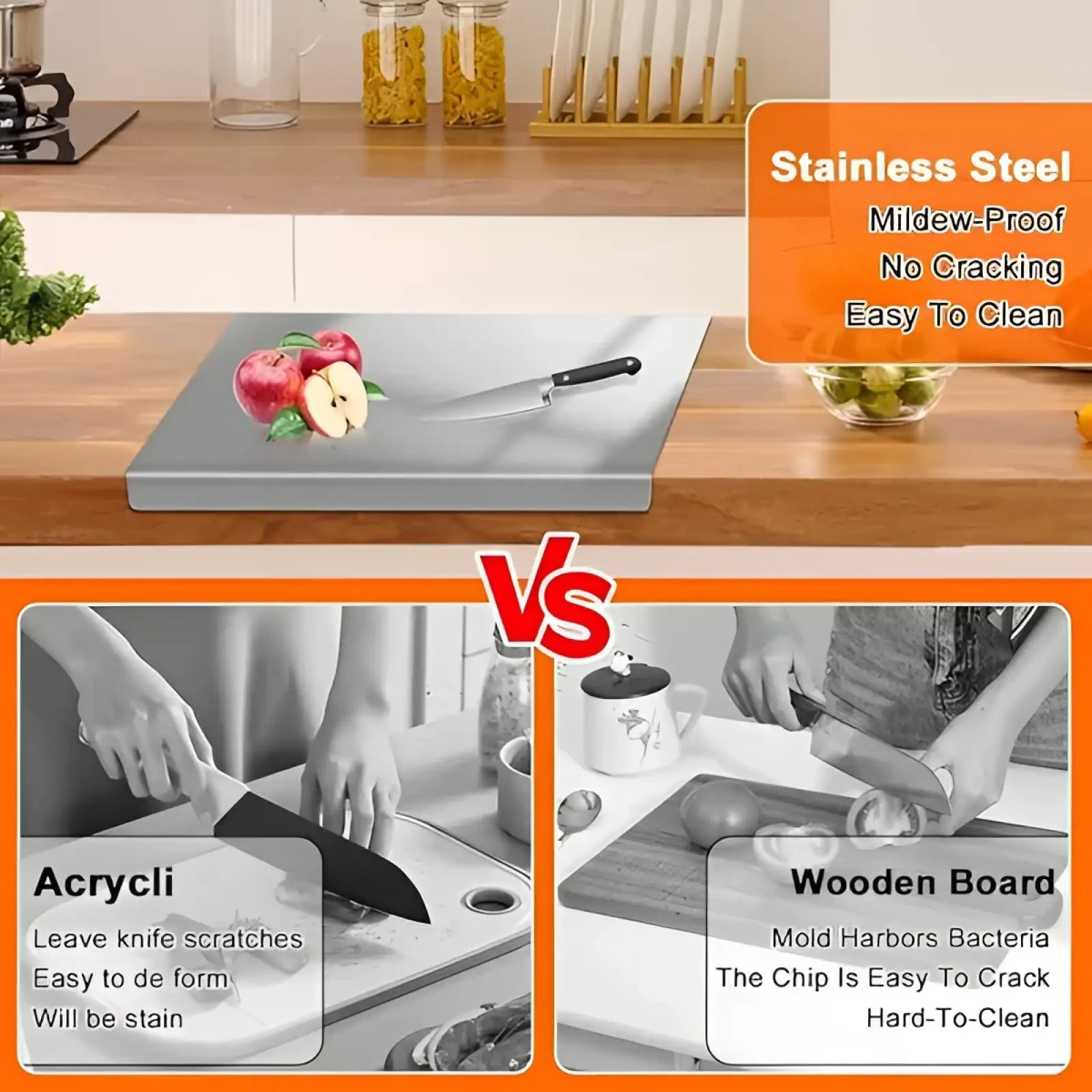Stainless steel cutting board with lip and sealed lid featuring a sleek modern design and smooth non-porous surface