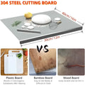 A sleek rectangular stainless steel cutting board with lip in polished 304 metal measuring 40cm by 30cm