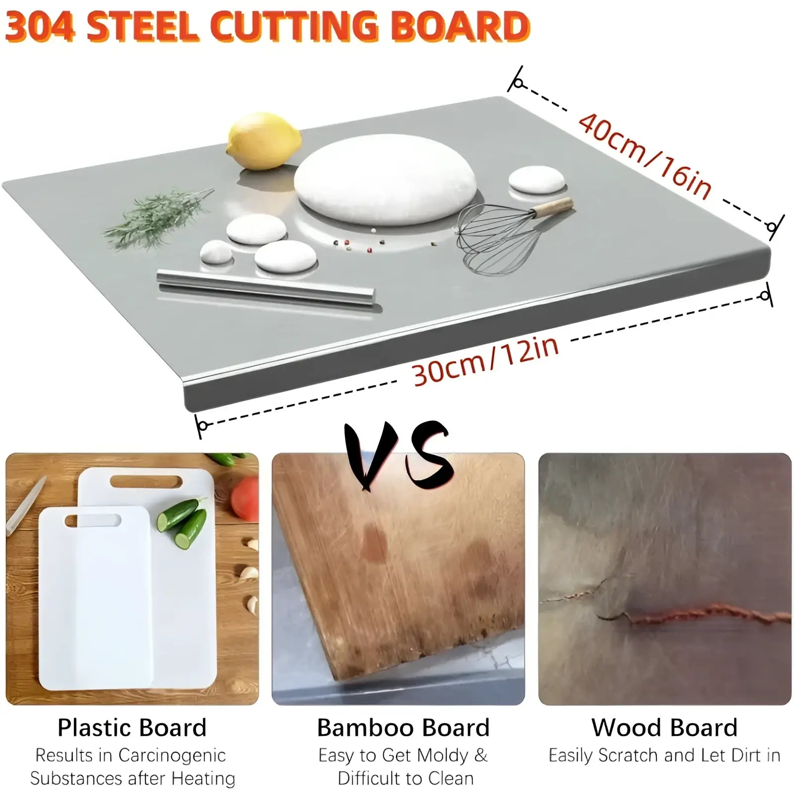 A sleek rectangular stainless steel cutting board with lip in polished 304 metal measuring 40cm by 30cm