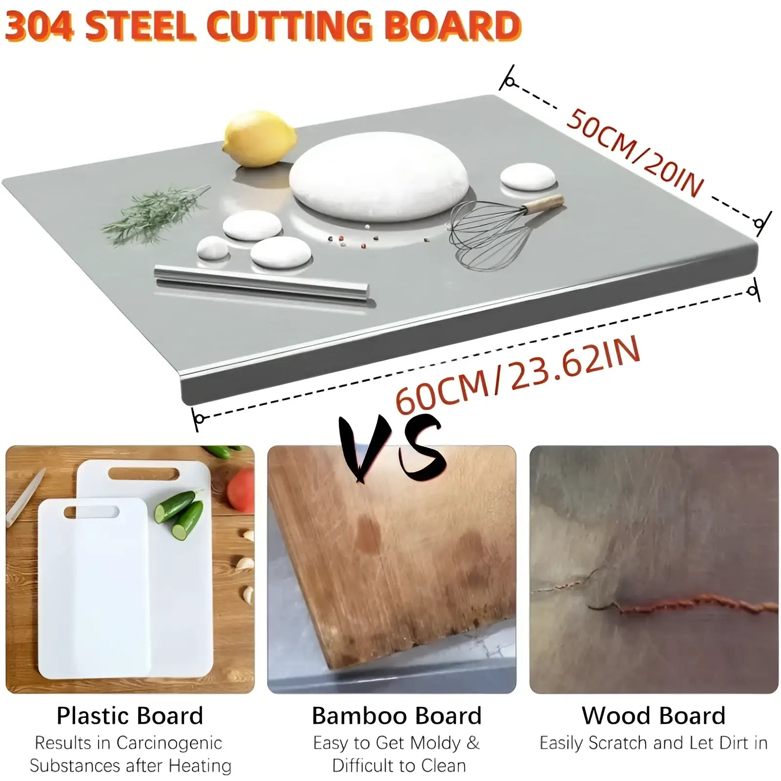 A sleek rectangular stainless steel cutting board with lip xxl 304 metal and polished metallic finish with rounded edges
