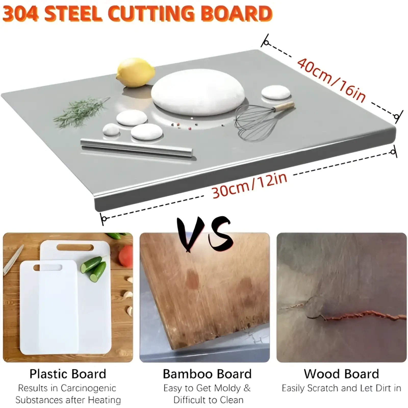 A sleek rectangular stainless steel cutting board with lip reinforced edges and polished 304 metal finish