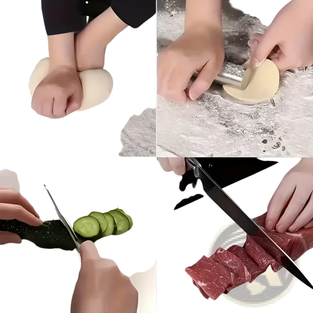 White dough being rolled out on a floured surface on a stainless steel cutting board with lip xxl 304 metal