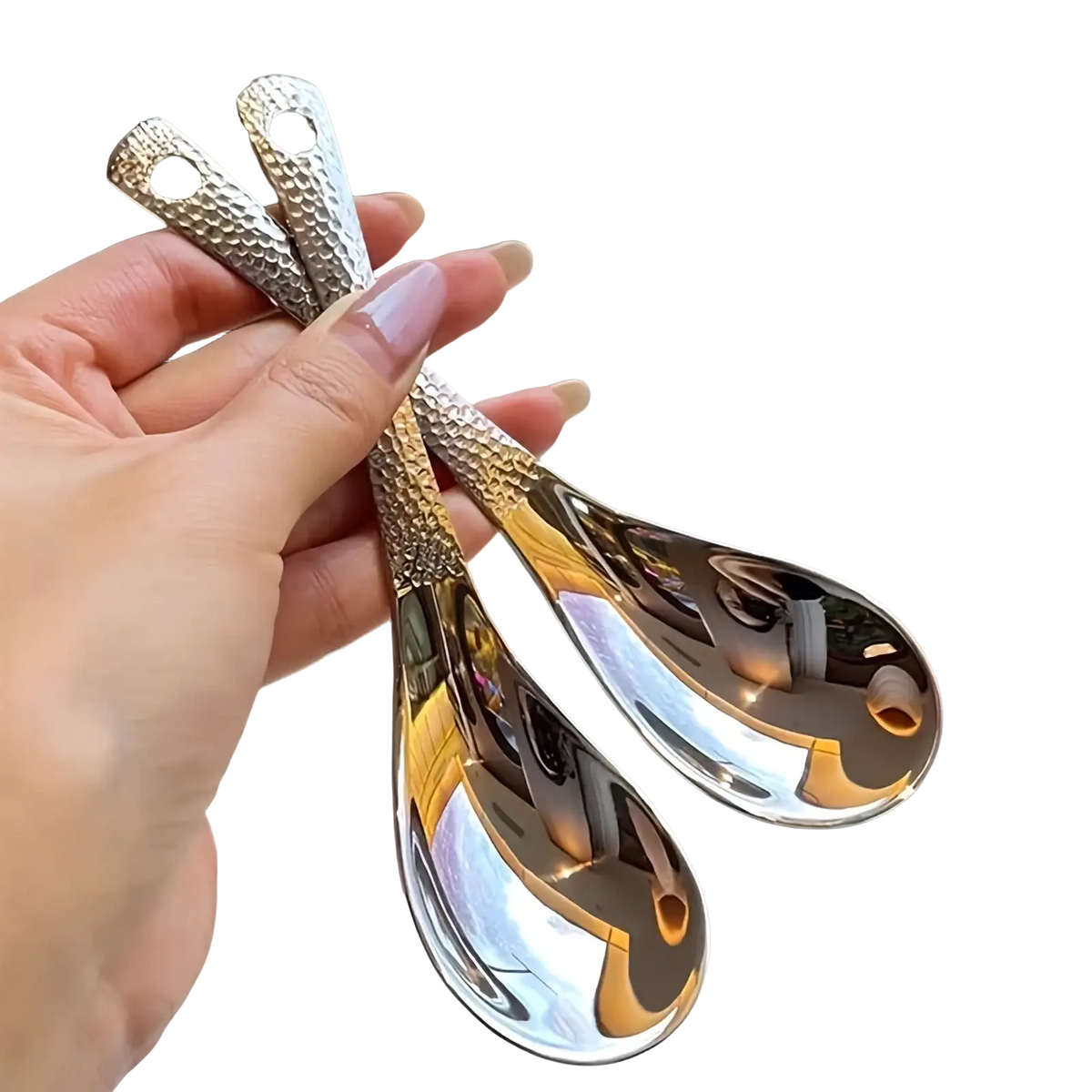 Shiny silver stainless steel dessert spoon set with teardrop shape and hammered texture handles