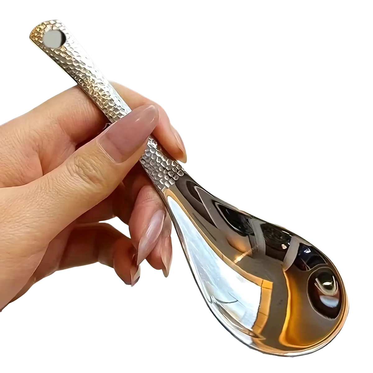 A sleek hammered silver stainless steel dessert spoon with a reflective bowl and textured handle