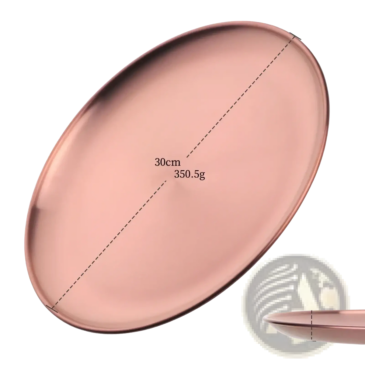A sleek rose gold stainless steel oval serving dish with smooth metallic finish and rounded edges for European dining
