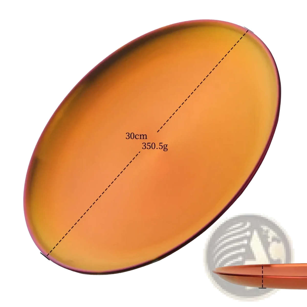A sleek oval stainless steel dinner plate with gradient amber to copper finish and thin metallic rim for serving