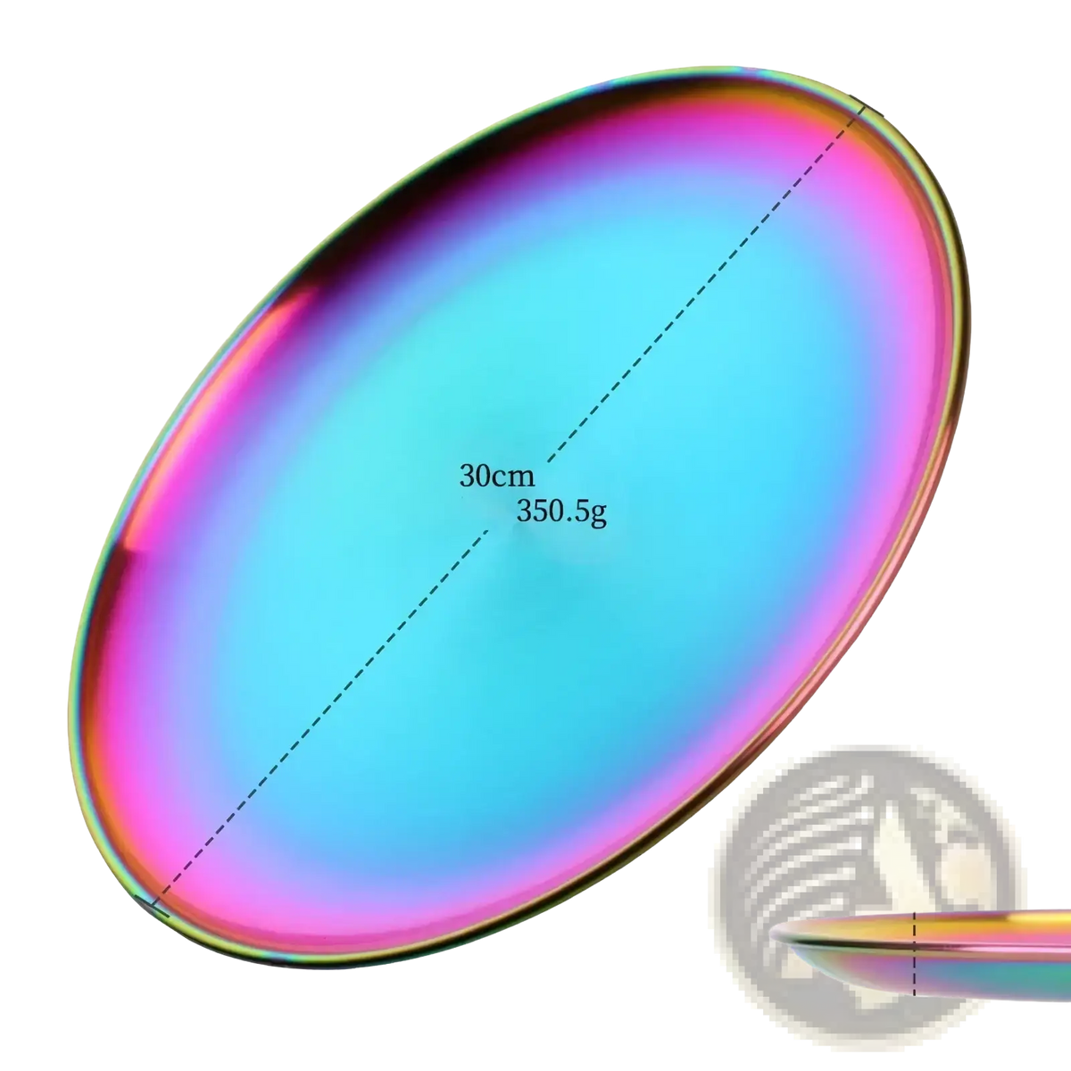 A sleek oval stainless steel dinner plate with an iridescent finish shifting between blue pink and purple