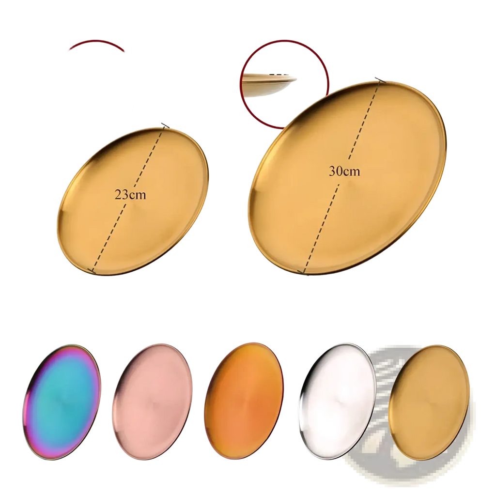 Gold-colored stainless steel oval serving plates with reflective metallic finish available in rose gold copper silver and iridescent