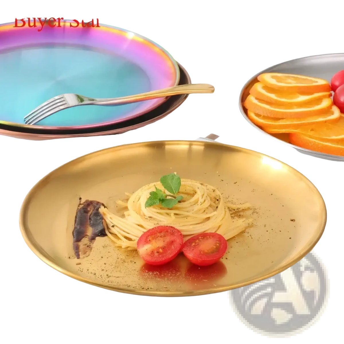 Golden metallic stainless steel dinner plate with smooth reflective surface and slightly raised rim for european serving