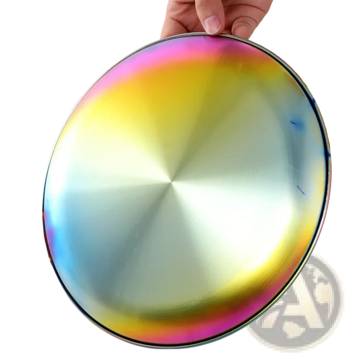 Stainless steel dinner plate with an iridescent rainbow gradient finish and concentric circular patterns for serving