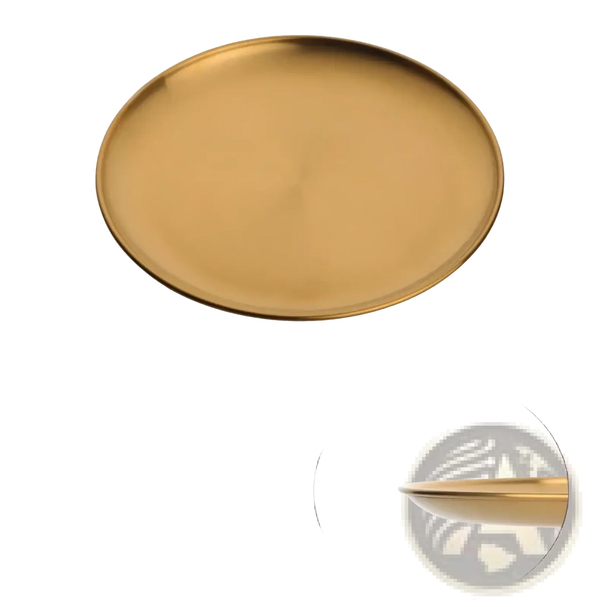 A sleek gold-colored stainless steel oval dinner plate with a smooth reflective surface and raised edges
