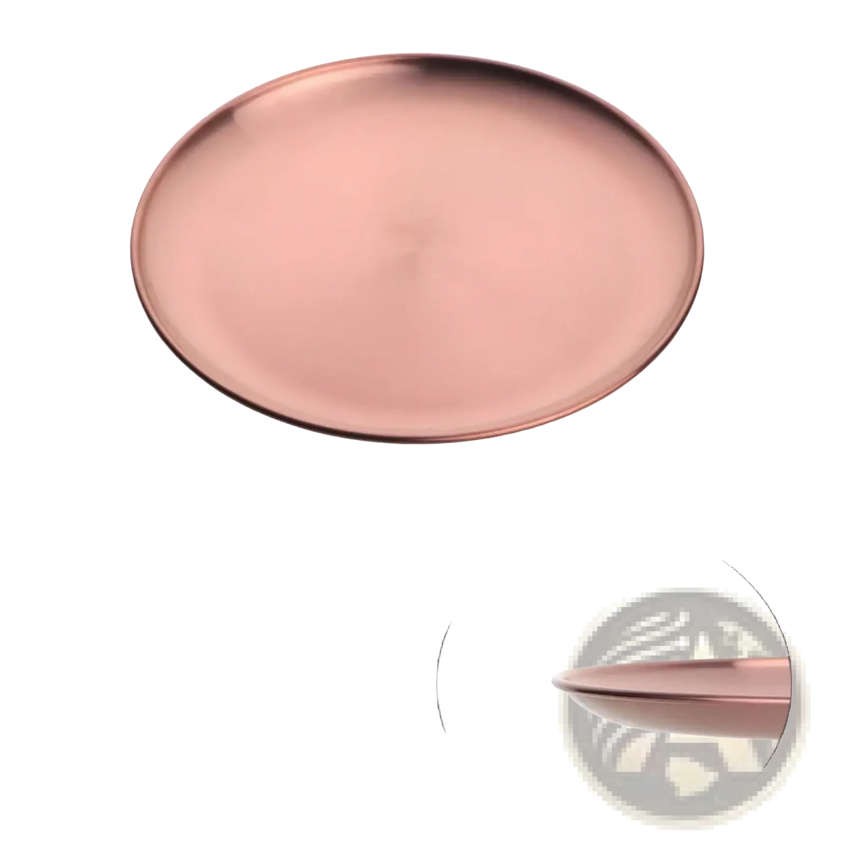 A sleek rose gold stainless steel oval dinner plate with a smooth metallic finish and raised rim for serving