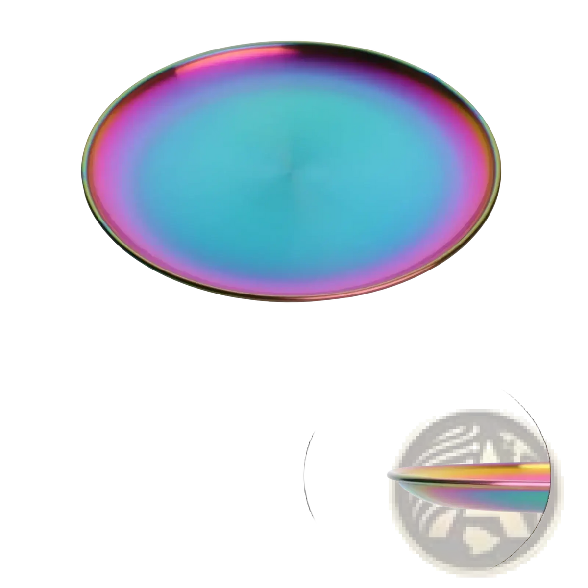 A sleek oval stainless steel dinner plate with a vibrant iridescent finish shifting between teal and pink hues