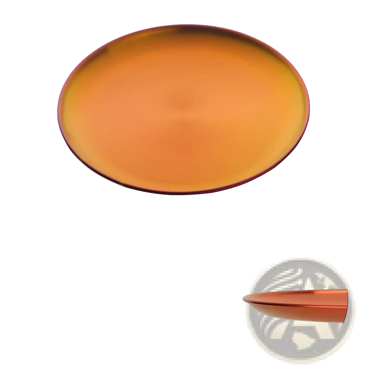 A stainless steel dinner plate with an oval shape and gradient amber to copper finish for European serving use