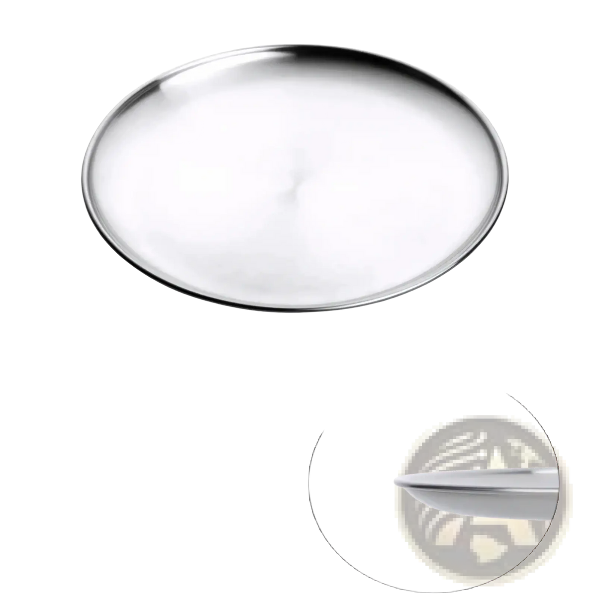 A sleek oval stainless steel dinner plate with polished metallic finish and rounded edges for European serving