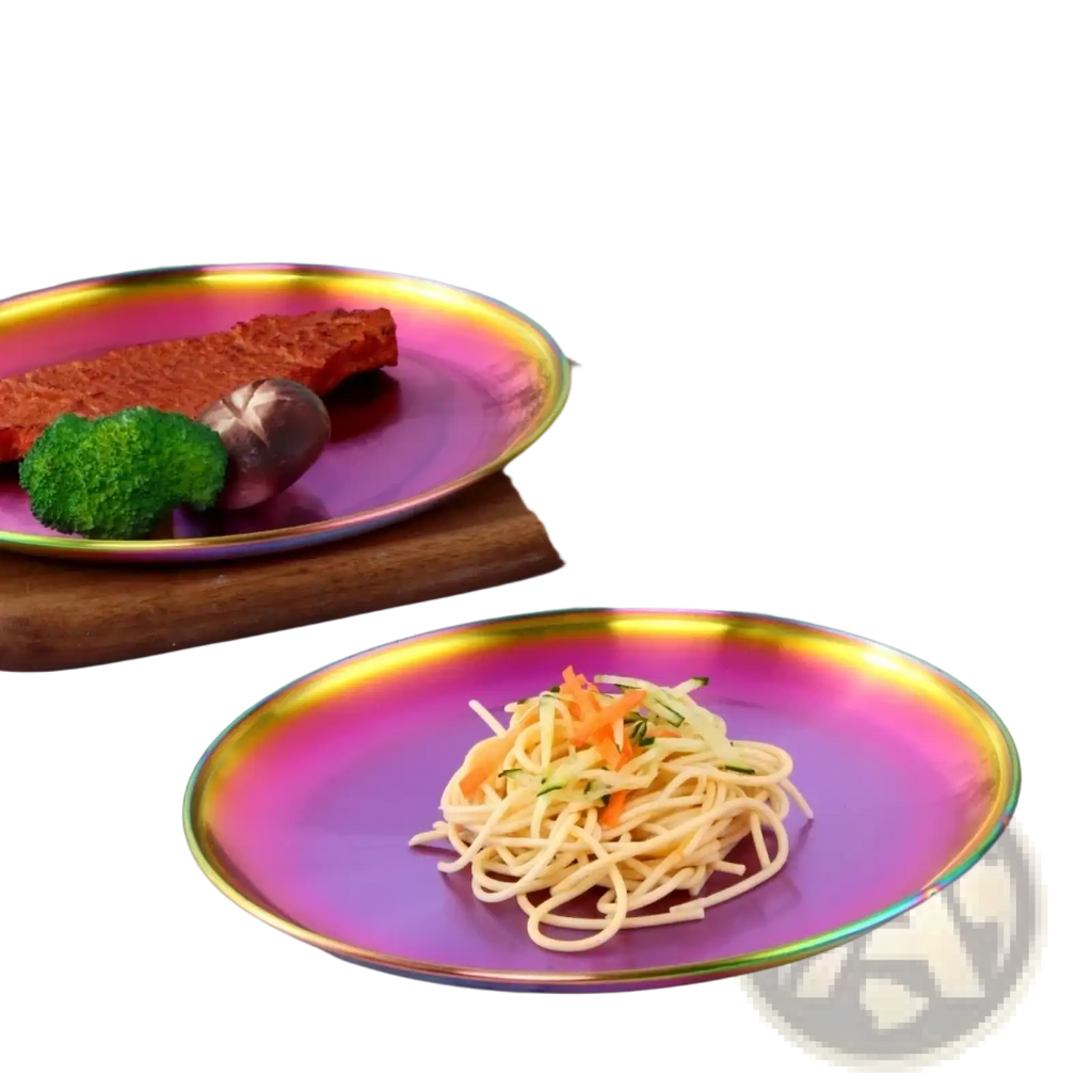 Vibrant iridescent pink and gold rimmed stainless steel dinner plate for European serving use