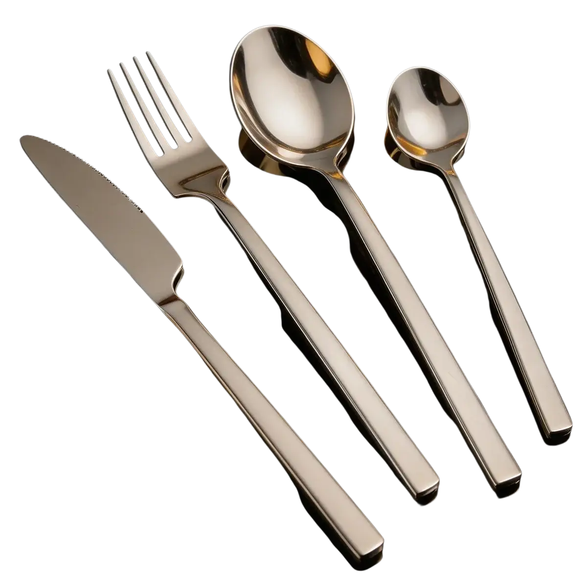Stainless steel dinnerware set 4 piece with shiny knife fork and two spoons featuring sleek rectangular handles