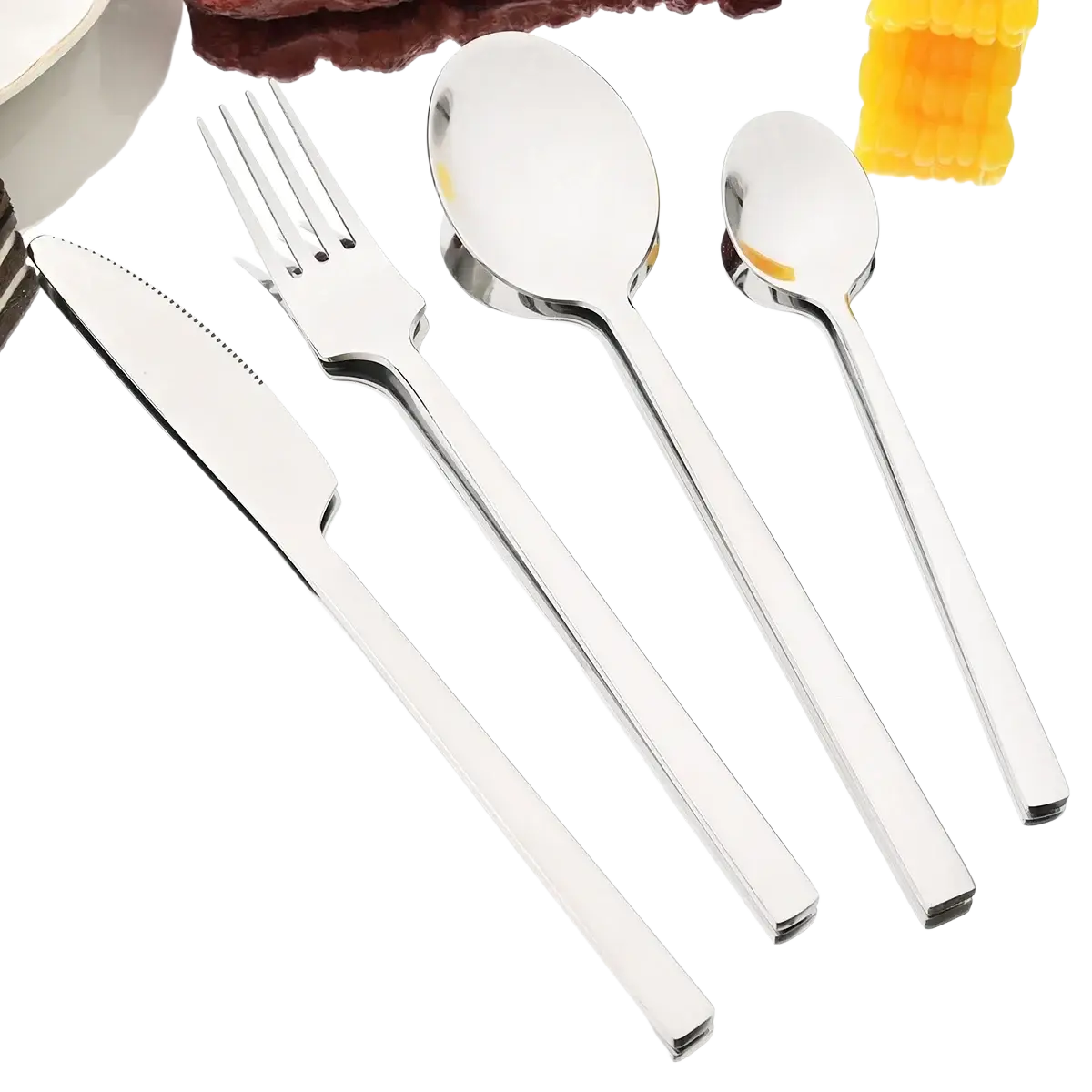 Shiny stainless steel dinnerware set 4 piece featuring a knife, fork, and two spoons with modern sleek design