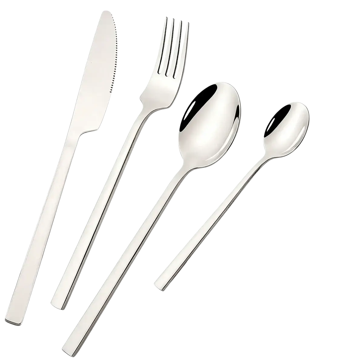 Stainless steel dinnerware set 4 piece with shiny polished edges sleek modern cutlery design and reflective surfaces