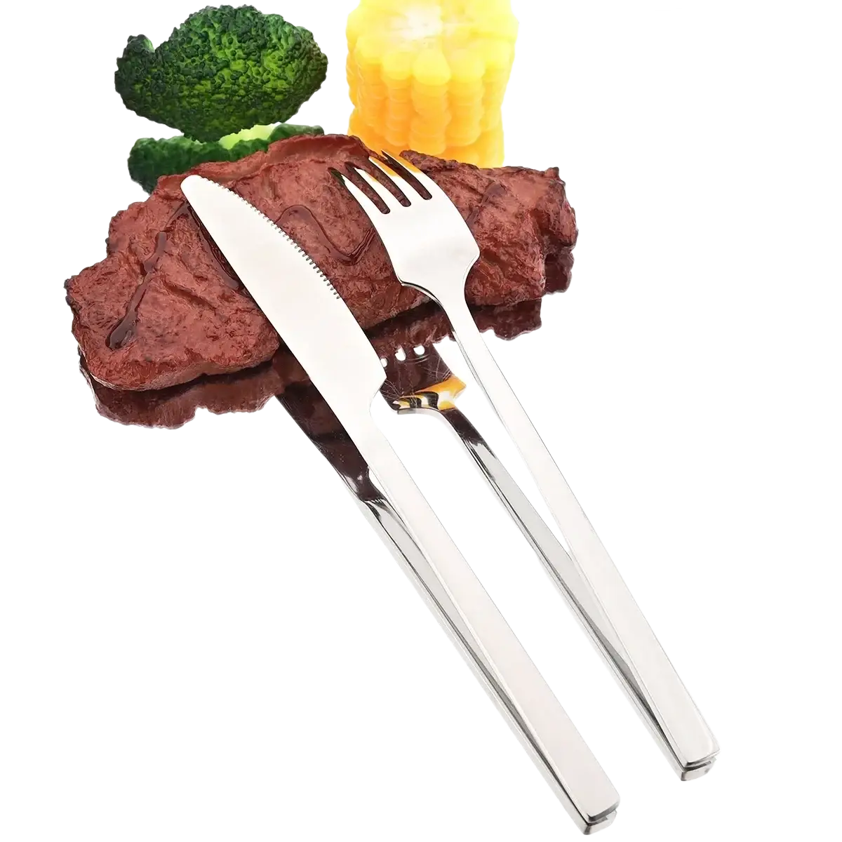 Shiny stainless steel knife and fork set in silver color featured in a four piece stainless steel dinnerware set