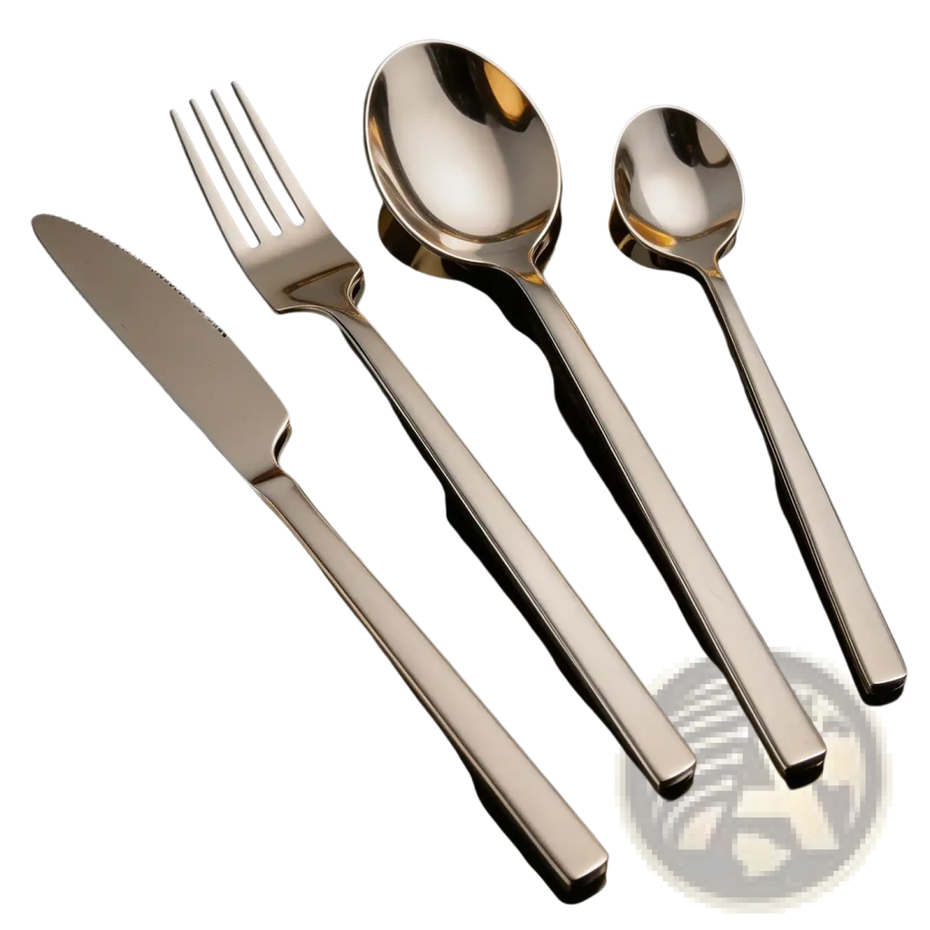 Stainless steel dinnerware set 4 piece with shiny knife fork and two spoons featuring sleek rectangular handles