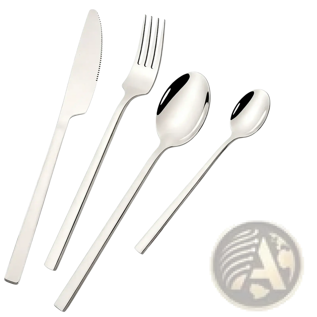 Stainless steel dinnerware set 4 piece with shiny polished edges sleek modern cutlery design and reflective surfaces
