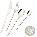 Stainless steel dinnerware set 4 piece with shiny polished edges sleek modern cutlery design and reflective surfaces