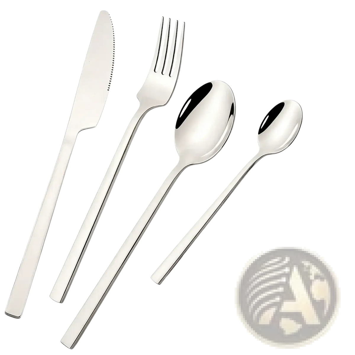Stainless steel dinnerware set 4 piece with shiny polished edges sleek modern cutlery design and reflective surfaces