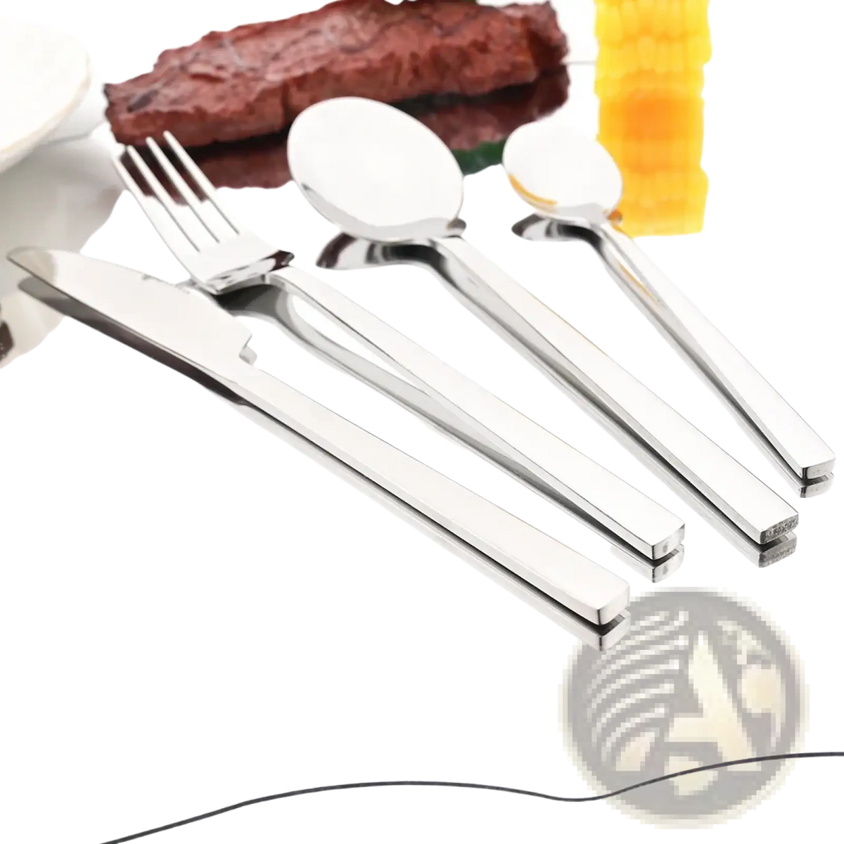 Shiny stainless steel dinnerware set four piece with knife fork and two spoons featuring sleek rectangular handles