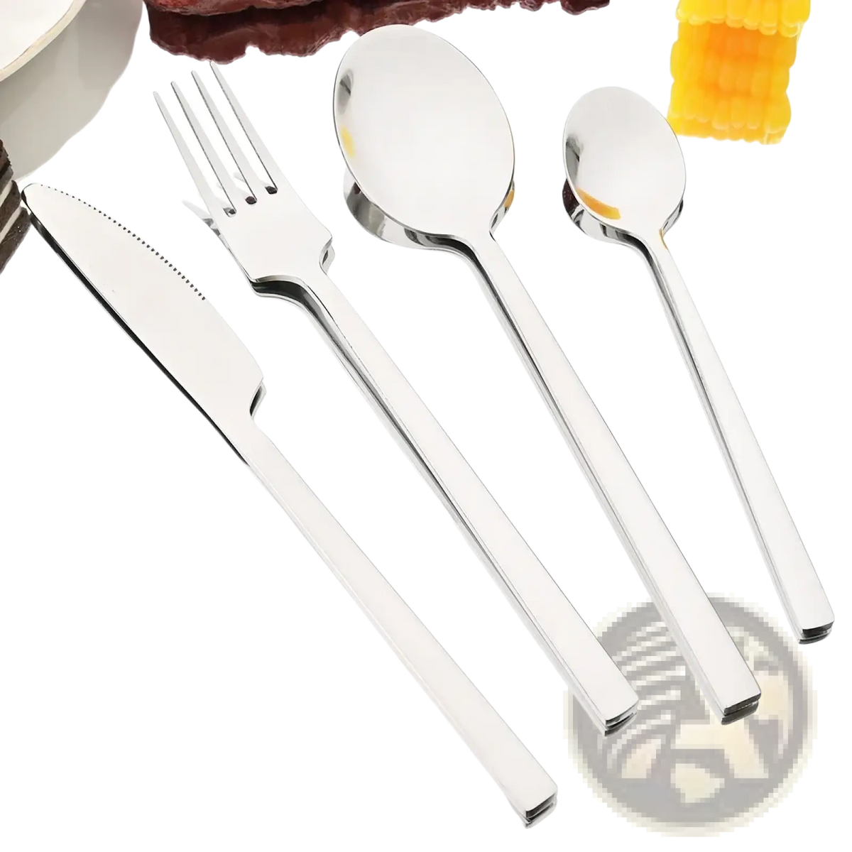 Shiny stainless steel dinnerware set 4 piece featuring a knife, fork, and two spoons with modern sleek design