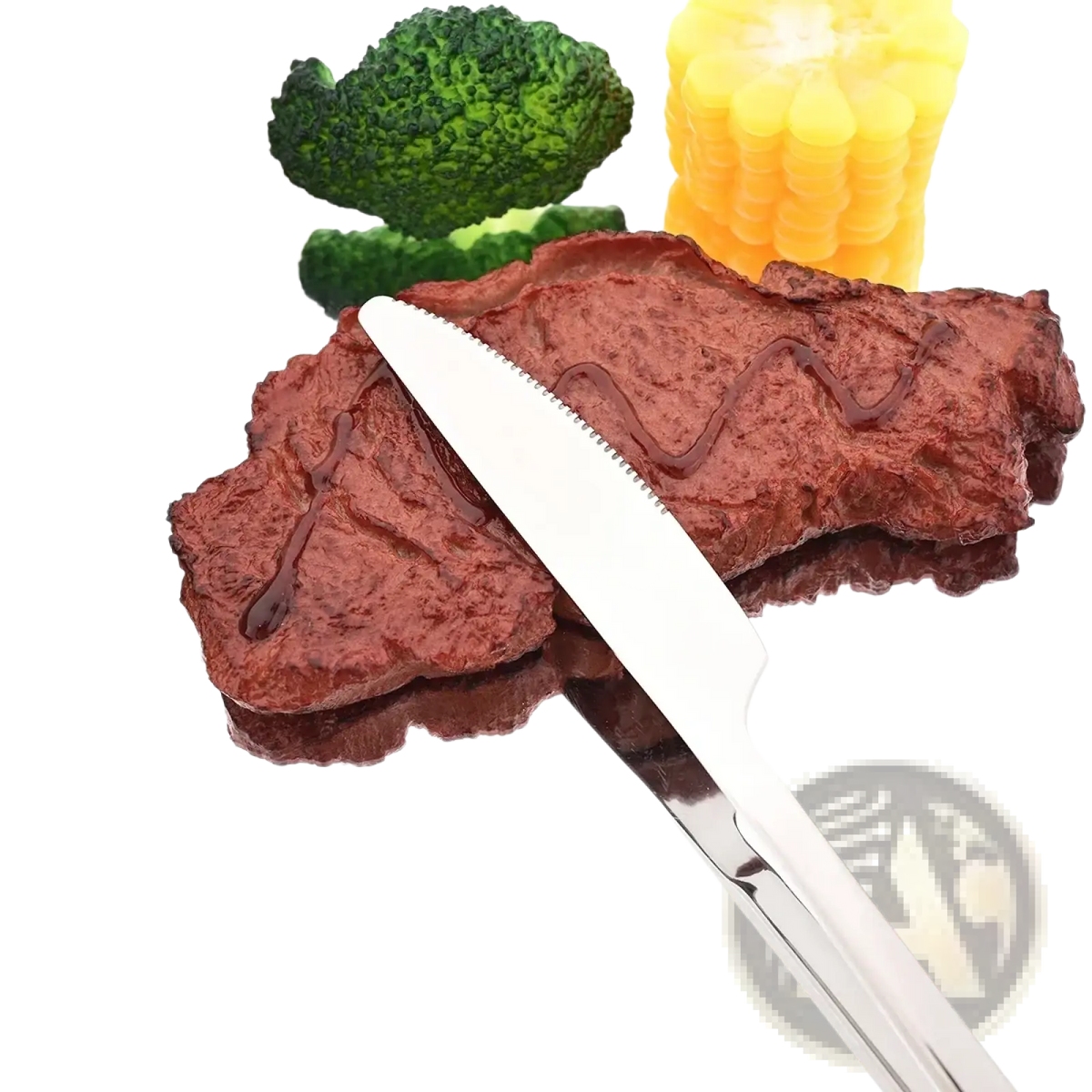 A shiny stainless steel dinner knife rests diagonally on a dark red plastic steak in a 4 piece dinnerware set