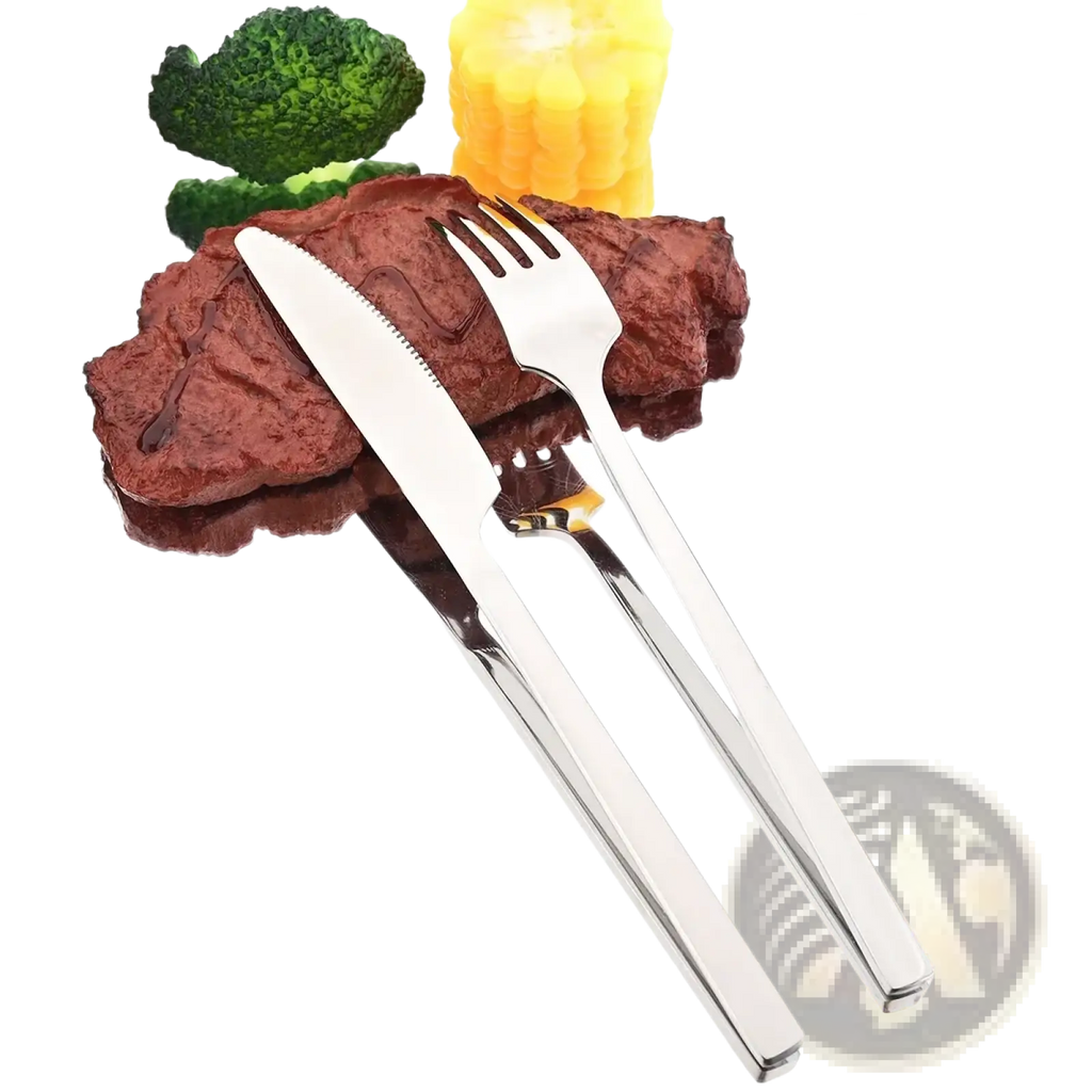 Shiny stainless steel knife and fork set in silver color featured in a four piece stainless steel dinnerware set