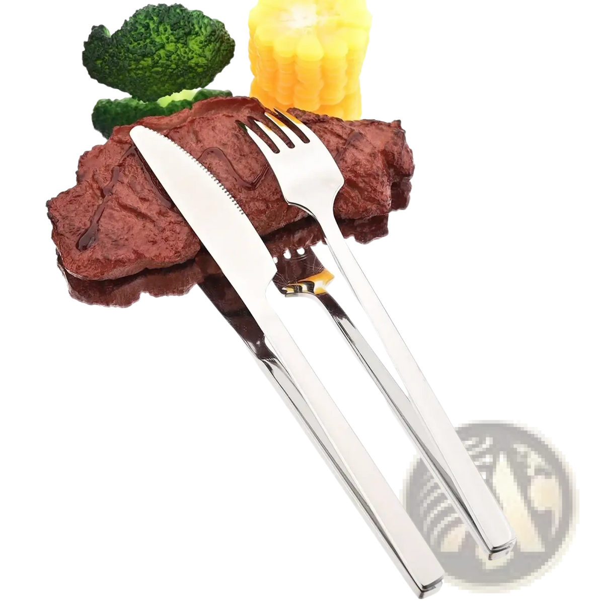 Shiny stainless steel knife and fork set in silver color featured in a four piece stainless steel dinnerware set