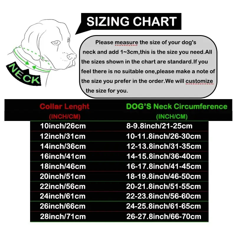 Dog collar sizing chart showing neck measurements in inches and centimeters for stainless steel gold cuban link choker