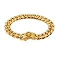 Gold-colored stainless steel dog collar with Cuban link design and polished heavy-duty clasp for durability