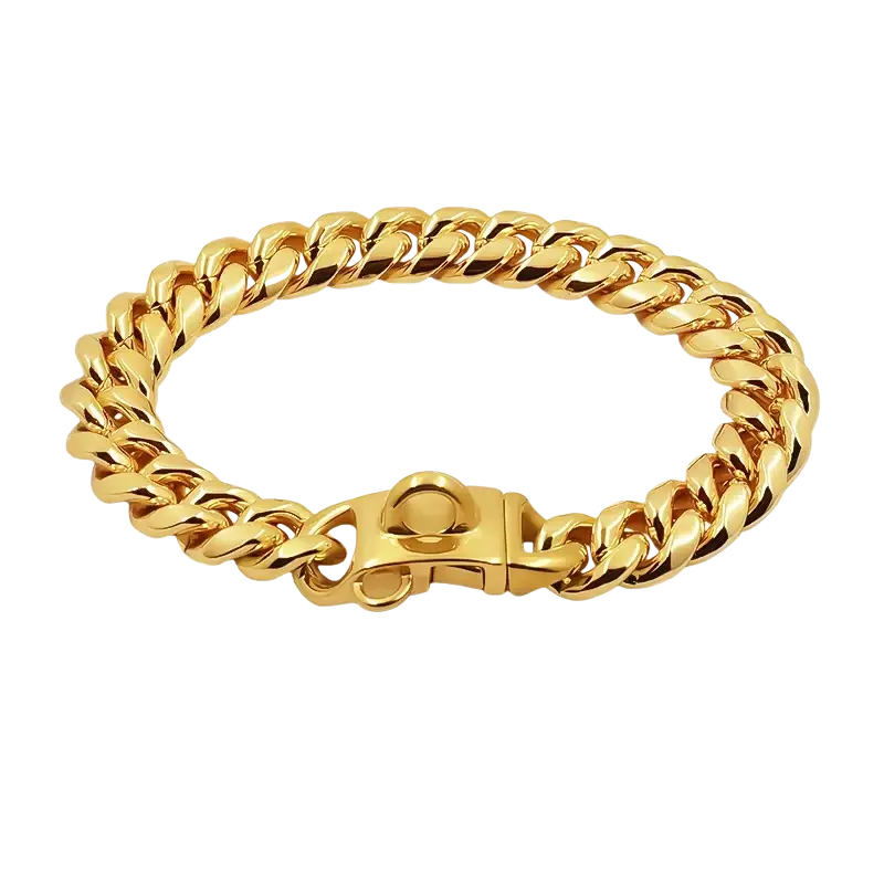 Gold-colored stainless steel dog collar with Cuban link design and polished heavy-duty clasp for durability