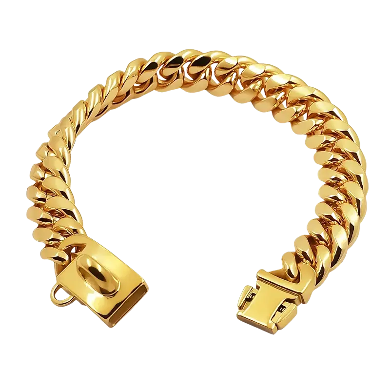 Gold stainless steel dog collar with cuban link choker design and secure clasp for durable wear