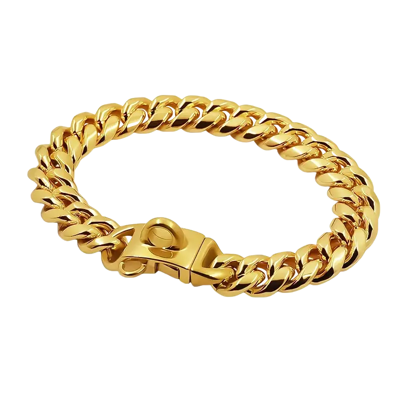 Gold-colored stainless steel dog collar cuban link choker with polished reflective finish and matching clasp