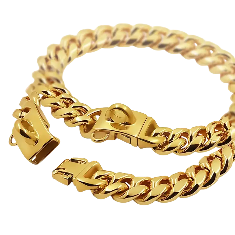 Gold-colored stainless steel dog collar cuban link choker with a sturdy polished clasp for durability
