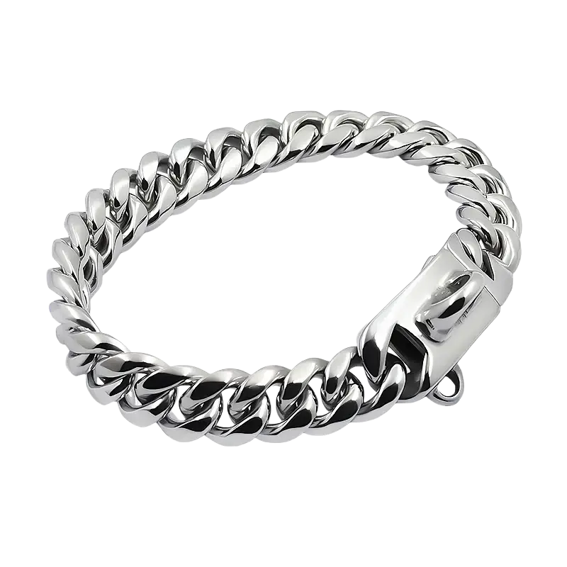 Silver-toned stainless steel dog collar Miami chain bracelet with polished finish and secure clasp for durable wear