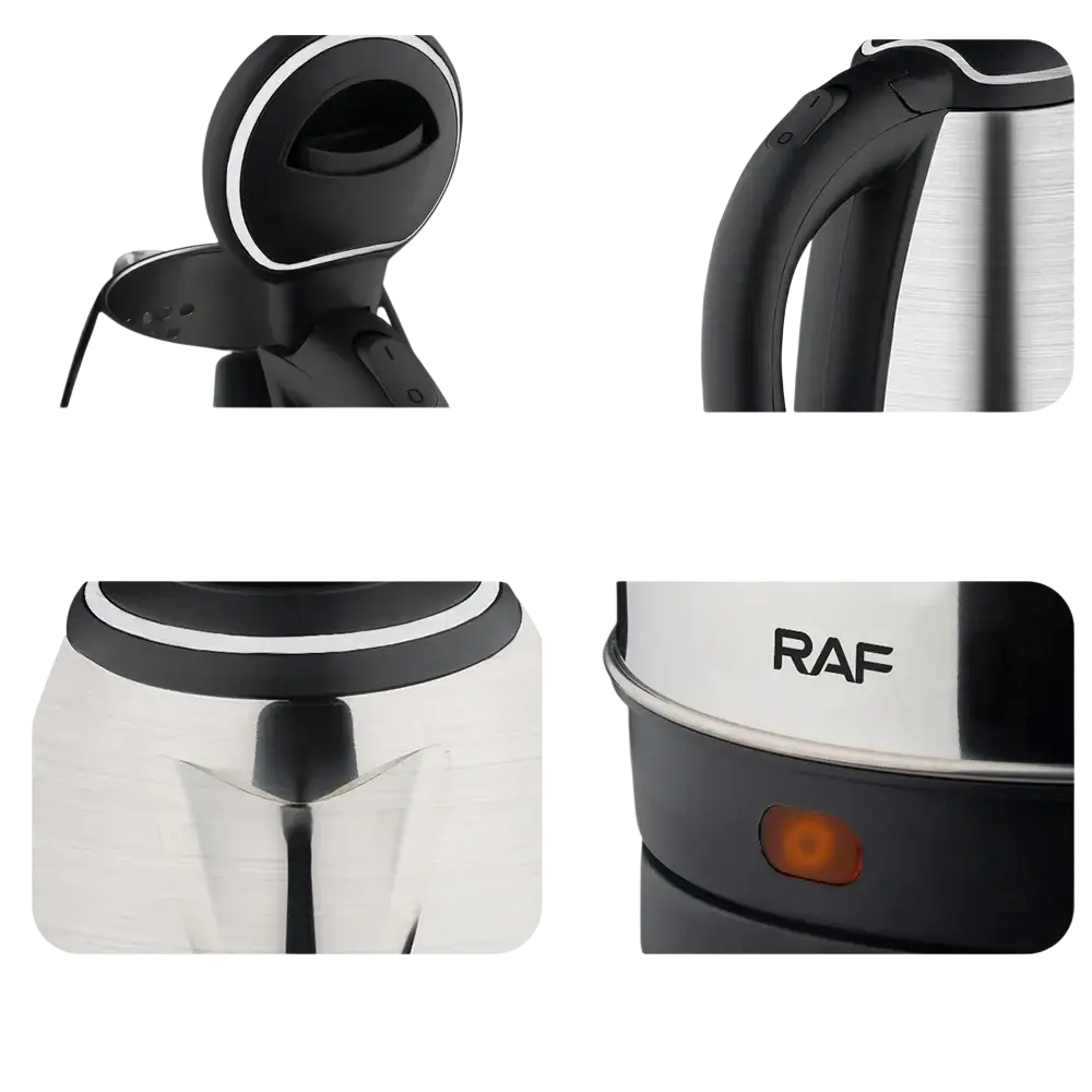 Stainless steel electric kettle 2l 1500w with black plastic handle and raf brand logo in a sleek modern design
