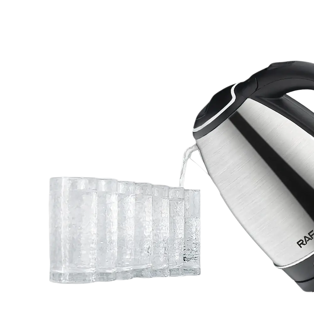 Stainless steel electric kettle 2l 1500w silver and black with brushed metal body pouring water into clear glasses