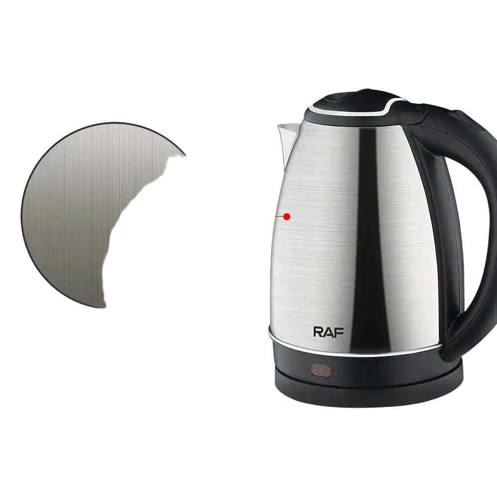 Silver brushed stainless steel electric kettle 2l 1500w with black plastic handle and base in a sleek modern design