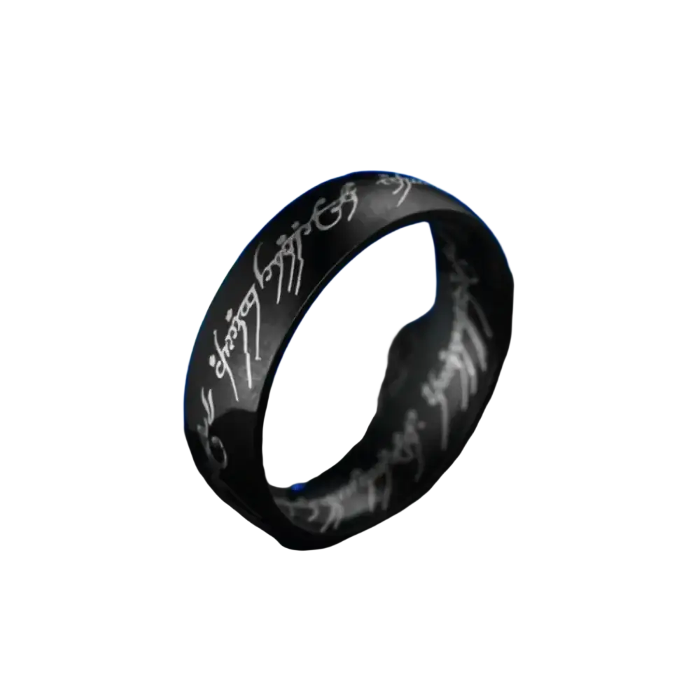 Black stainless steel wedding band ring with silver-colored elvish script engraved around its band