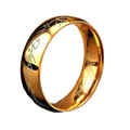 Gold-colored stainless steel wedding band ring with black inlay and intricate elvish script engraving on inner and outer surfaces