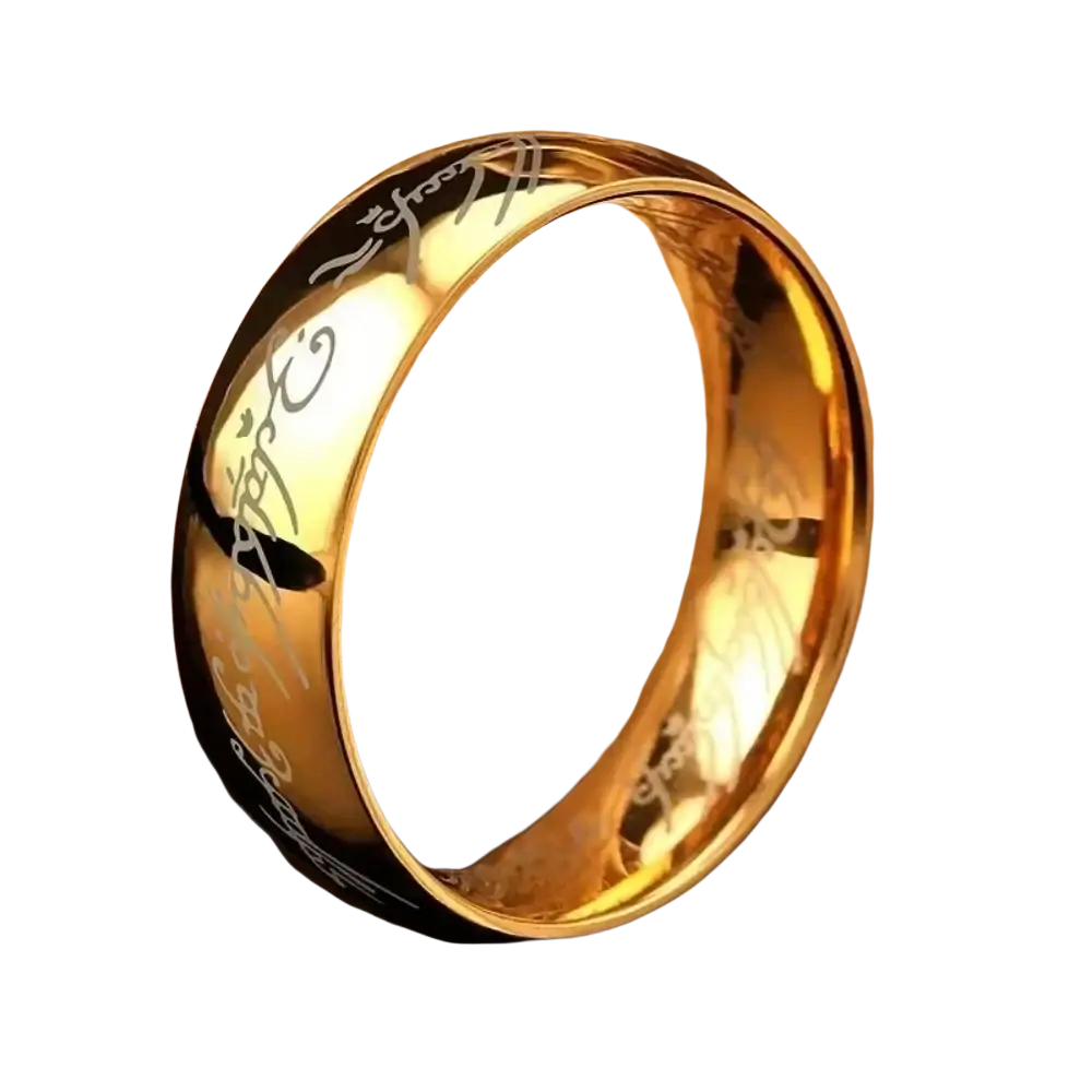 Gold-colored stainless steel wedding band ring with black inlay and intricate elvish script engraving on inner and outer surfaces