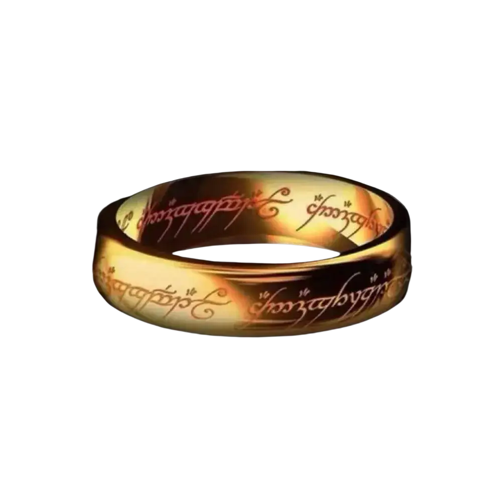 Stainless steel golden wedding band ring with intricate red elvish script engraved on its inner surface