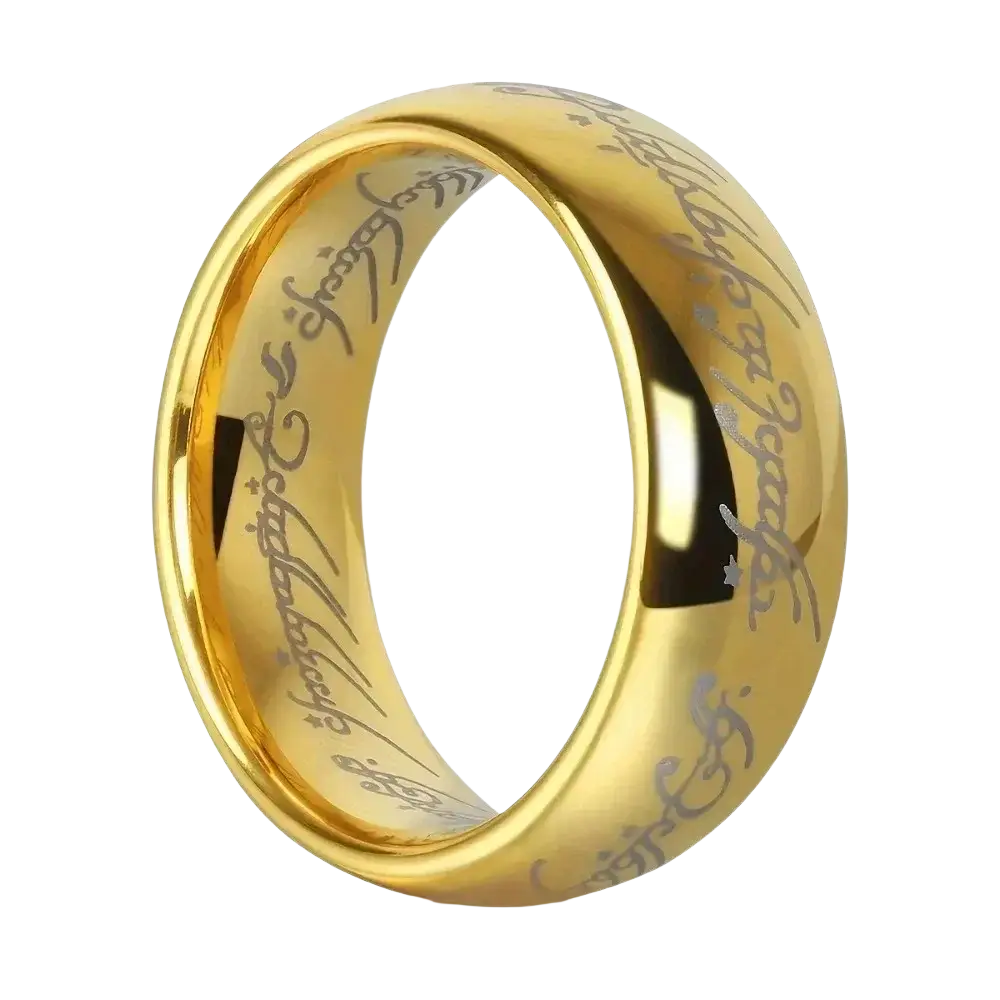 Golden stainless steel wedding band ring with intricate elvish script engraved along its inner surface