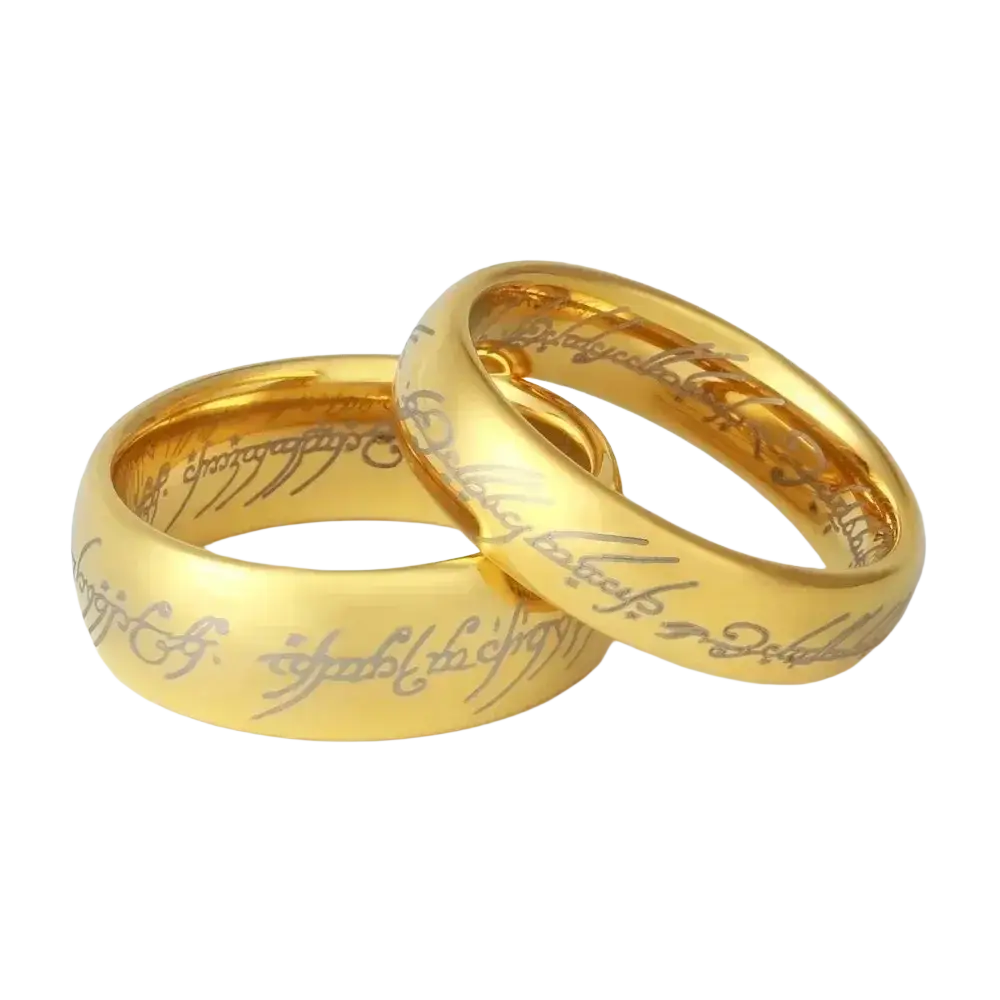 Golden stainless steel wedding band rings with intricate elvish script engraving on the bands